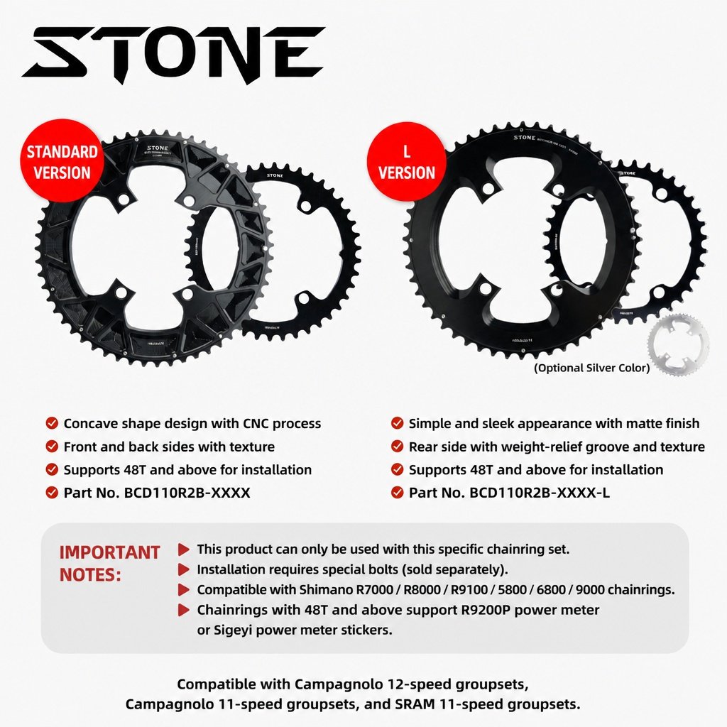 Stone 110bcd Round Double Chainring for Shimano 105 R7000 R7100 UT R8000 R8100 DA R9100 R9200 Di2 Road Bike 58 55 54 53 52 50 36T 39 40 34 48 46T
