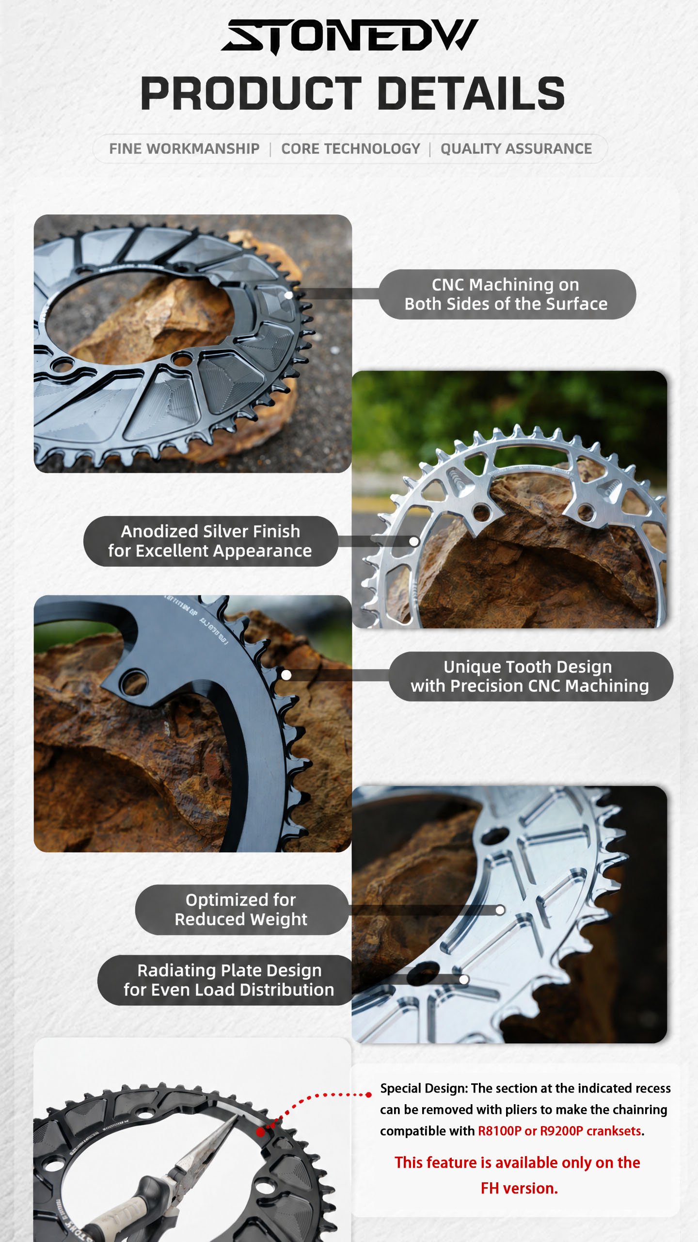STONE 110 BCD Round Narrow Wide Chainring 34T–72T for Shimano 105 R7100 1x Road