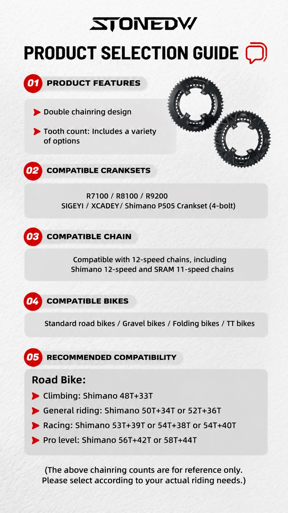 Stone 110bcd Round Double Chainring for Shimano 105 R7000 R7100 UT R8000 R8100 DA R9100 R9200 Di2 Road Bike 58 55 54 53 52 50 36T 39 40 34 48 46T