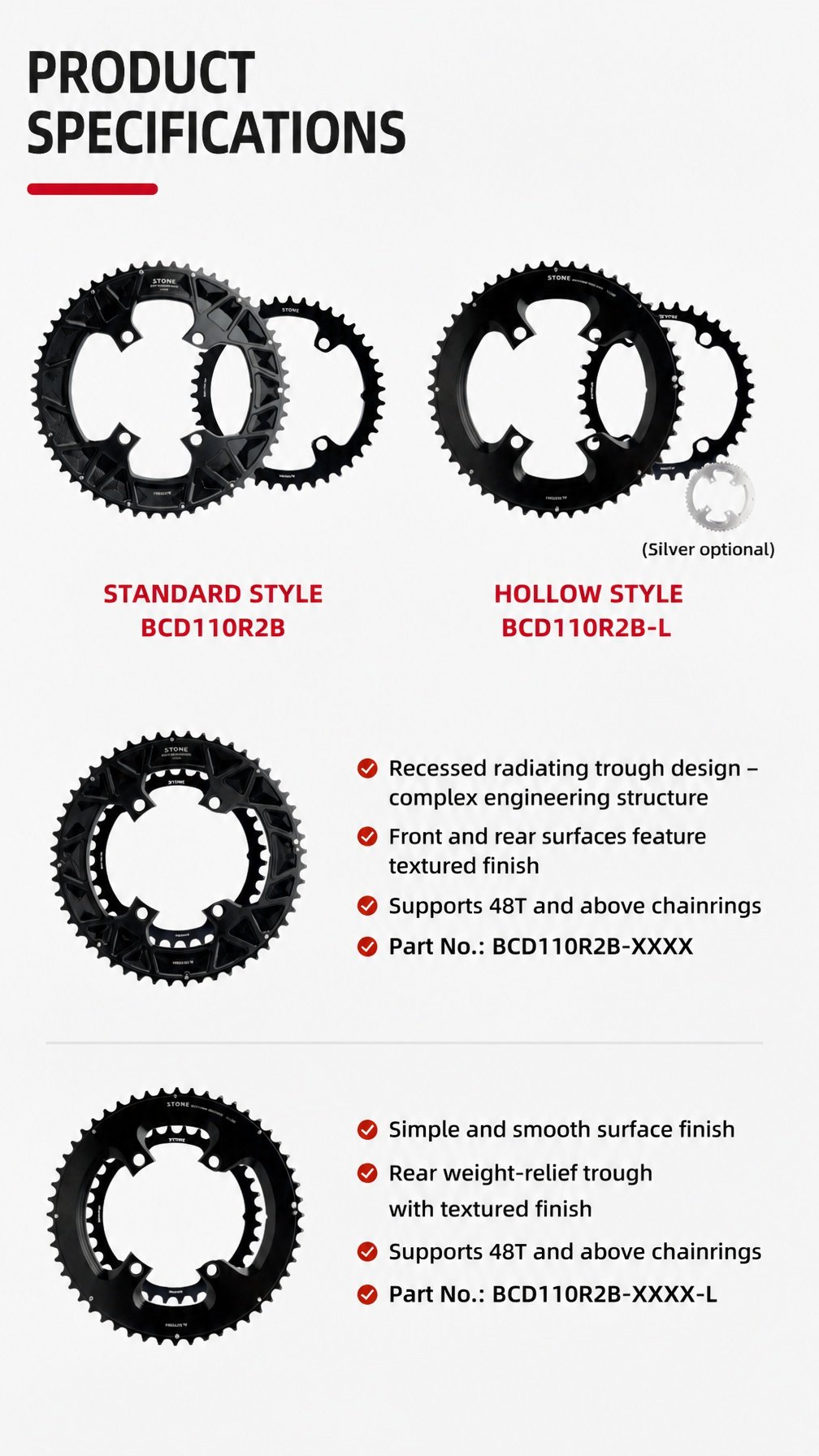 Stone 110bcd Round Double Chainring for Shimano 105 R7000 R7100 UT R8000 R8100 DA R9100 R9200 Di2 Road Bike 58 55 54 53 52 50 36T 39 40 34 48 46T