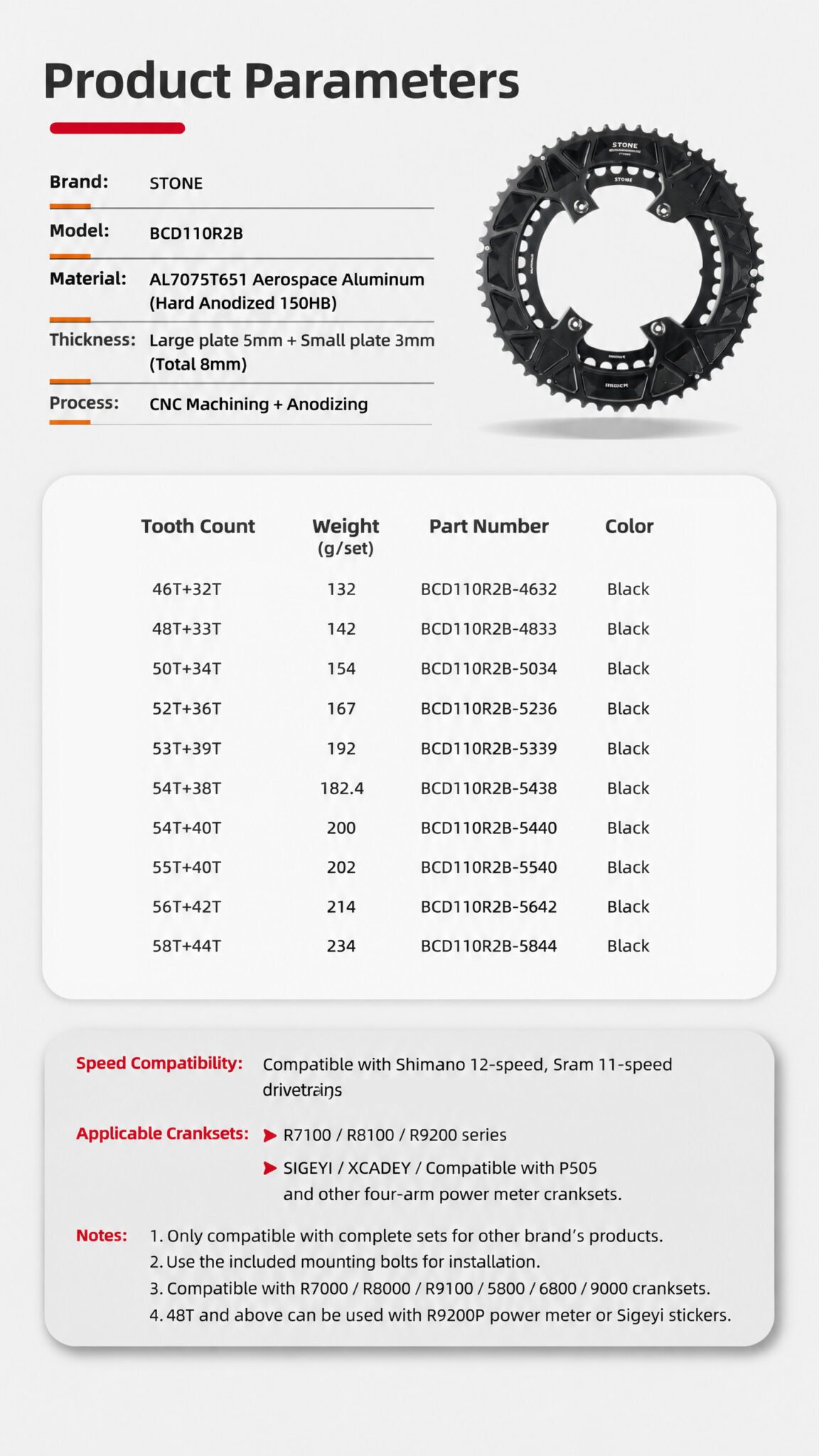 Stone 110bcd Round Double Chainring for Shimano 105 R7000 R7100 UT R8000 R8100 DA R9100 R9200 Di2 Road Bike 58 55 54 53 52 50 36T 39 40 34 48 46T