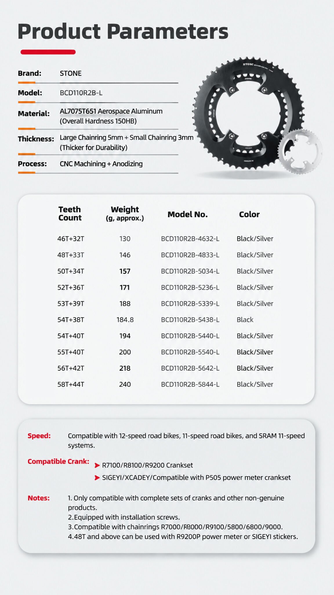 Stone 110bcd Round Double Chainring for Shimano 105 R7000 R7100 UT R8000 R8100 DA R9100 R9200 Di2 Road Bike 58 55 54 53 52 50 36T 39 40 34 48 46T
