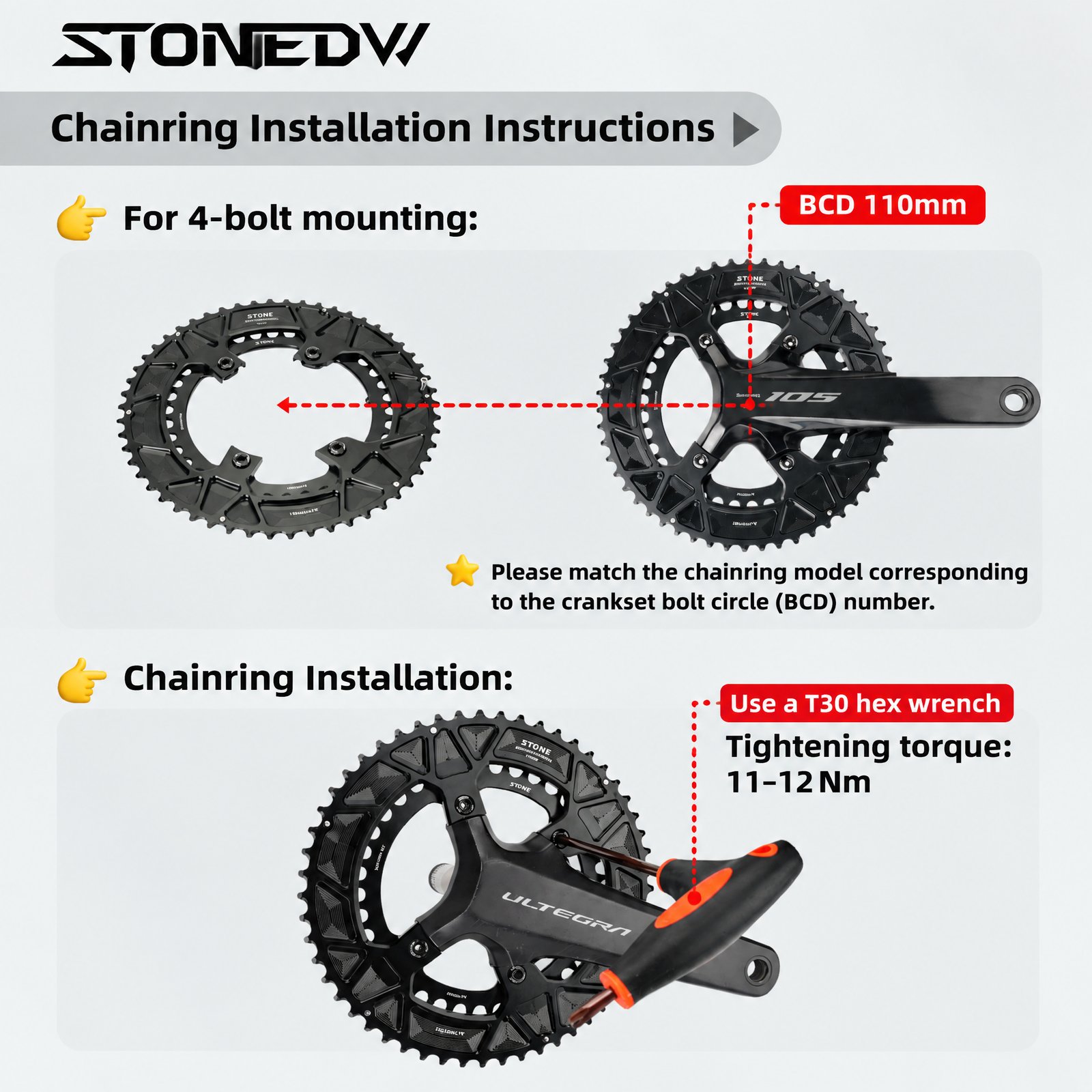 Stone 110bcd Round Double Chainring for Shimano 105 R7000 R7100 UT R8000 R8100 DA R9100 R9200 Di2 Road Bike 58 55 54 53 52 50 36T 39 40 34 48 46T
