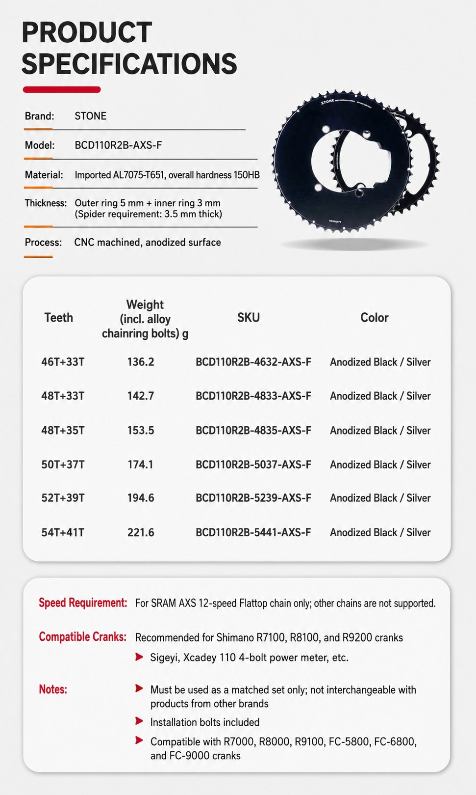 Stone 110bcd Double Bike Chainring aero hollow for Sram AXS Flattop 12 13 Speed for Shimano Sigeyi Magene QUARQ R7000 R7100 R8000 R8100 R9100 R9200 4700 5800 6800 9000 15 Stone 110bcd Double Bike Chainring aero hollow for Sram AXS Flattop 12 13 Speed for Shimano Sigeyi Magene QUARQ R7000 R7100 R8000 R8100 R9100 R9200 4700 5800 6800 9000