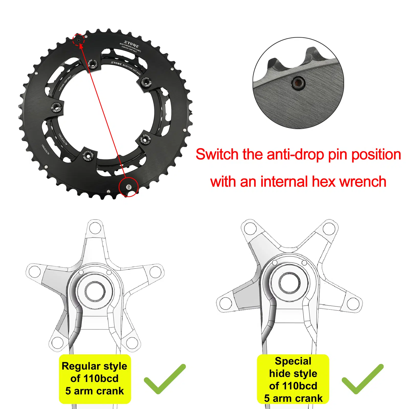 Stone 110bcd Round Double Chainring 5 bolts for 12S AXS Flattop Chain 12 Speed Road Bike  46 33t 48 33T 48 35T 50 37T 52 39T 54 41T 2x