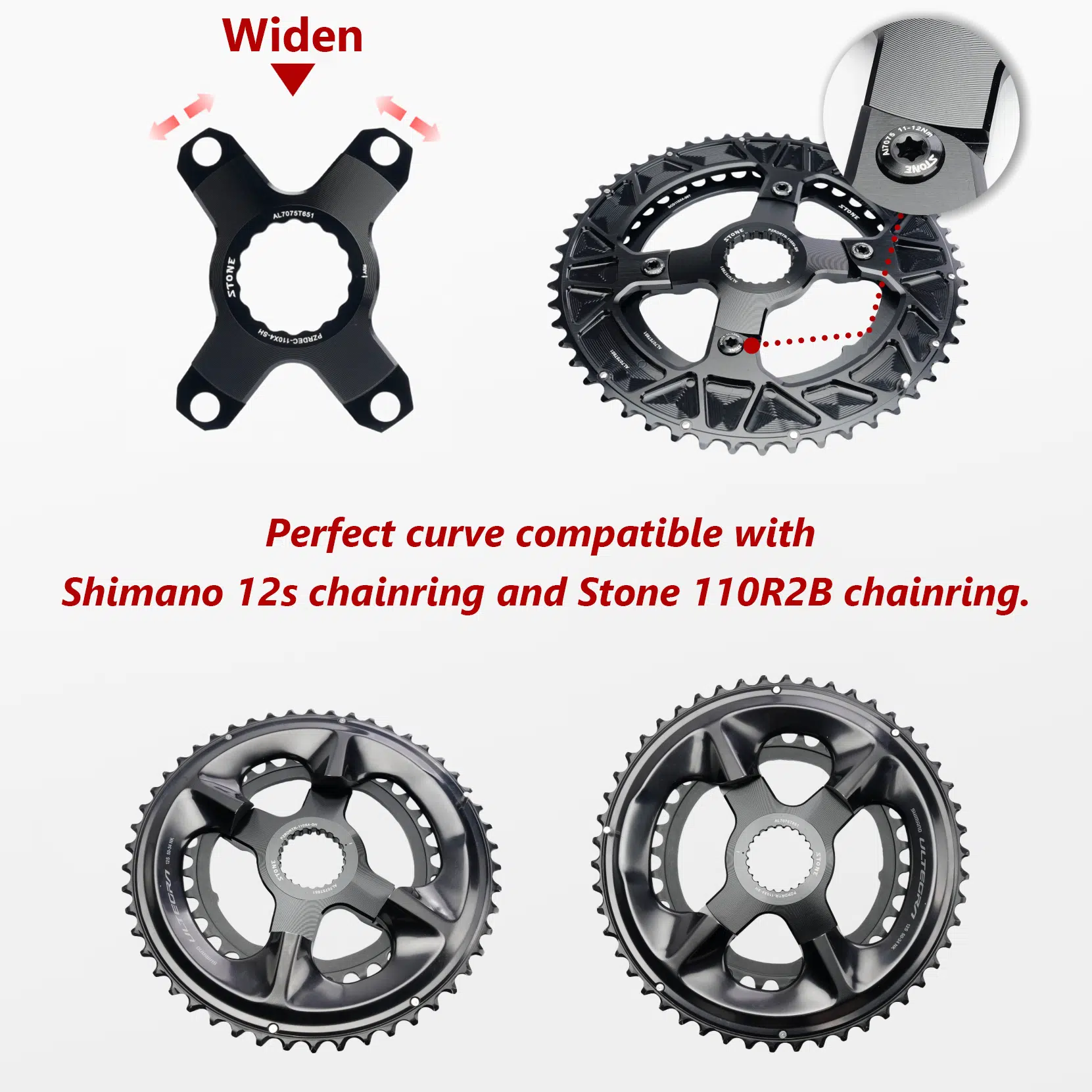 STONE chainring spider 110bcd 4 arms widen style for shimano chainring 12speed ec90 easton rotor aldhu axs force rival sram 3 bolts R7100 R8100 R9200  XPLR 12s 13s