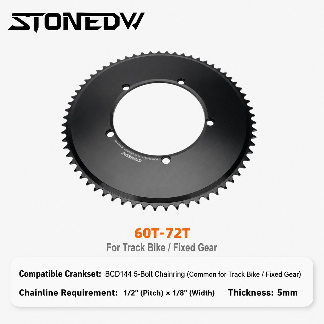 STONE 144bcd 60T-72T Fixed Gear Chainring 5mm thickness enhanced AL7075 T651 CNC Anodized Track Bike fixie Single Speed Chainwheel 1/8 Chain
