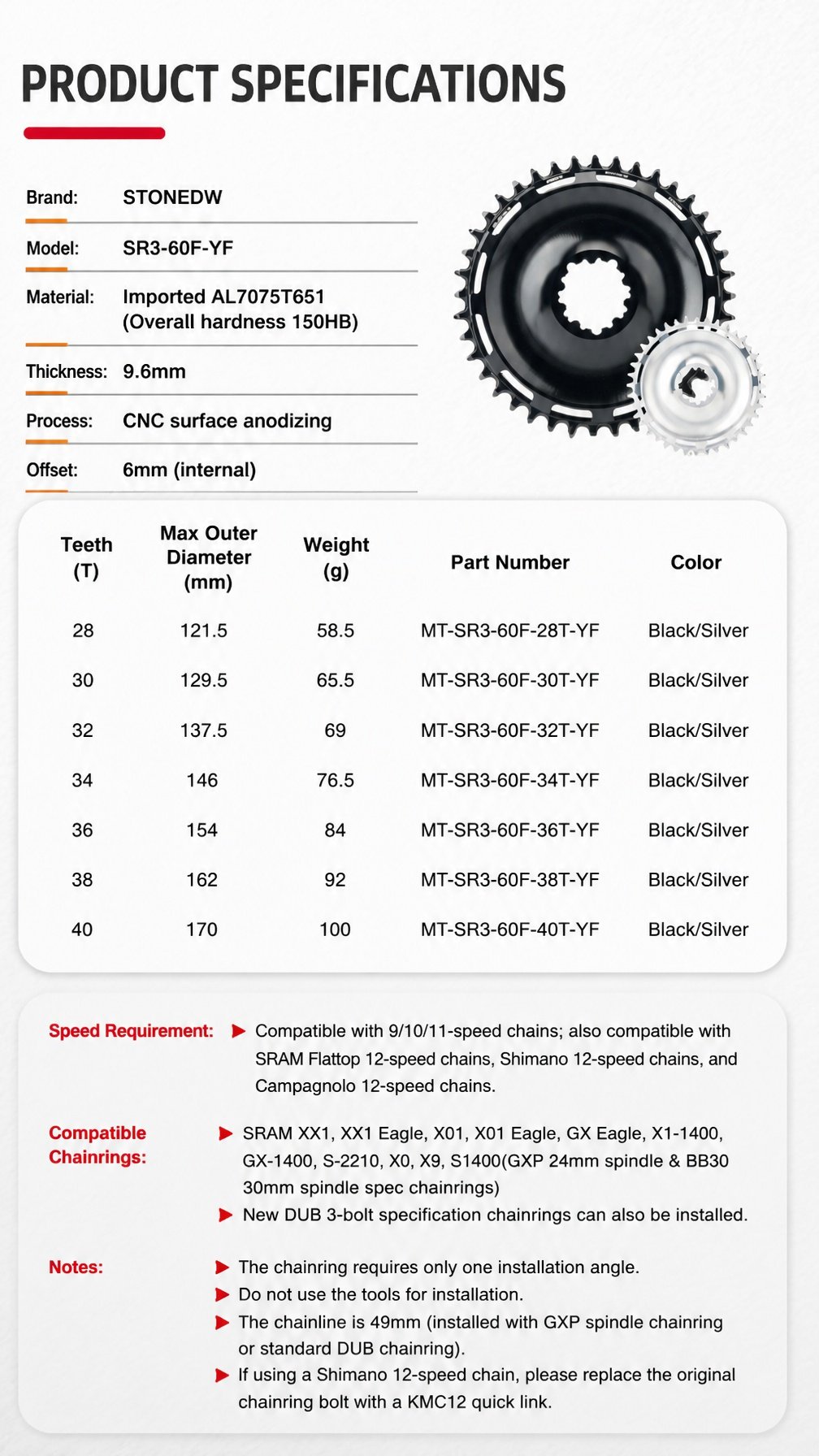 STONE Direct Mount Chainring 6mm offset 3 bolts interface GXP Narrow-Wide Single Chainring for MTB & Gravel Bike (26T-40T) 5 STONE Direct Mount Chainring 6mm offset 3 bolts interface GXP Narrow-Wide Single Chainring for MTB & Gravel Bike (26T-40T)