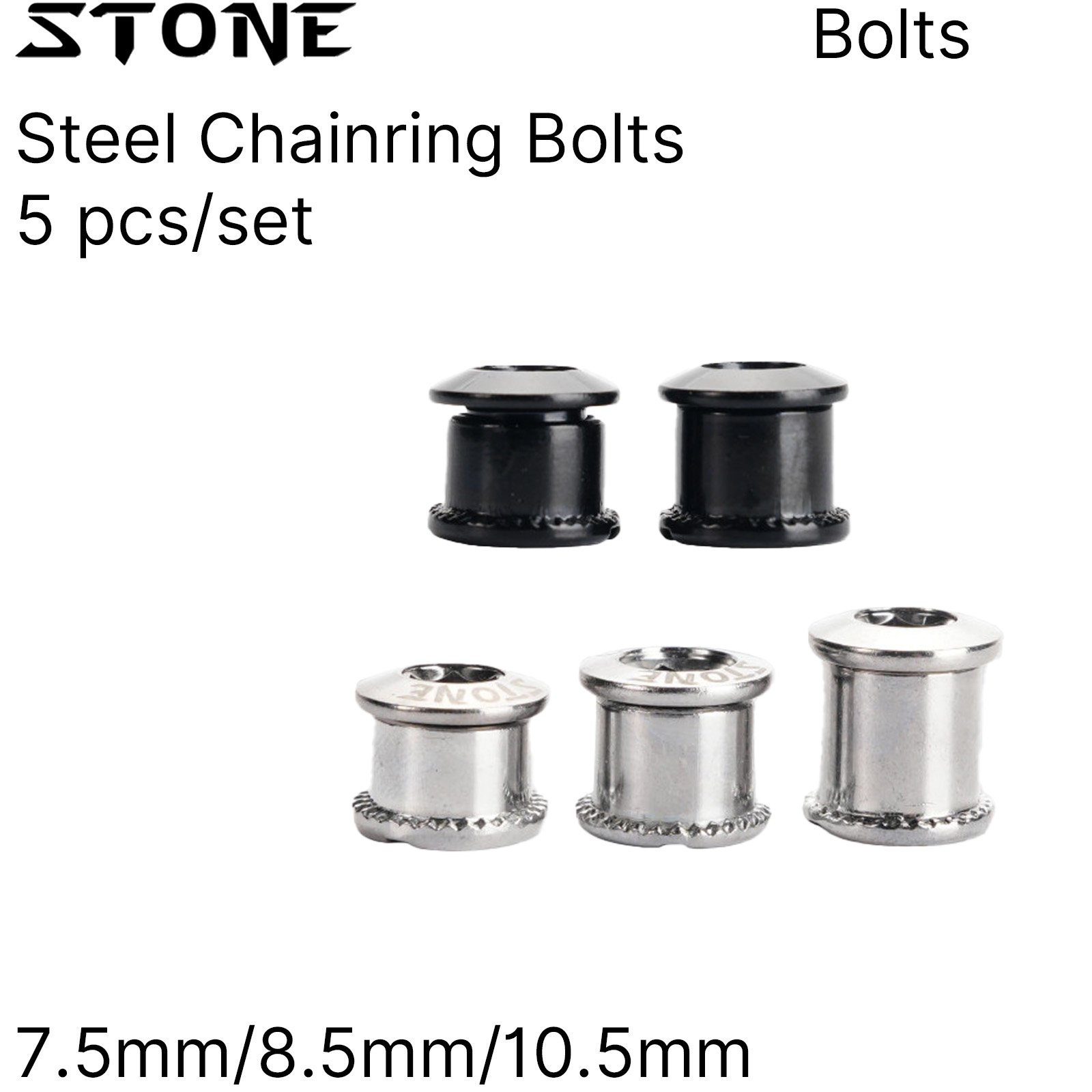 Stone CrMo Steel Chainring Bolts 5pcs M8 7.5/8.5/10.5mm Bicycle Chainring Screws for Road Bike MTB Crankset Sliver Black
