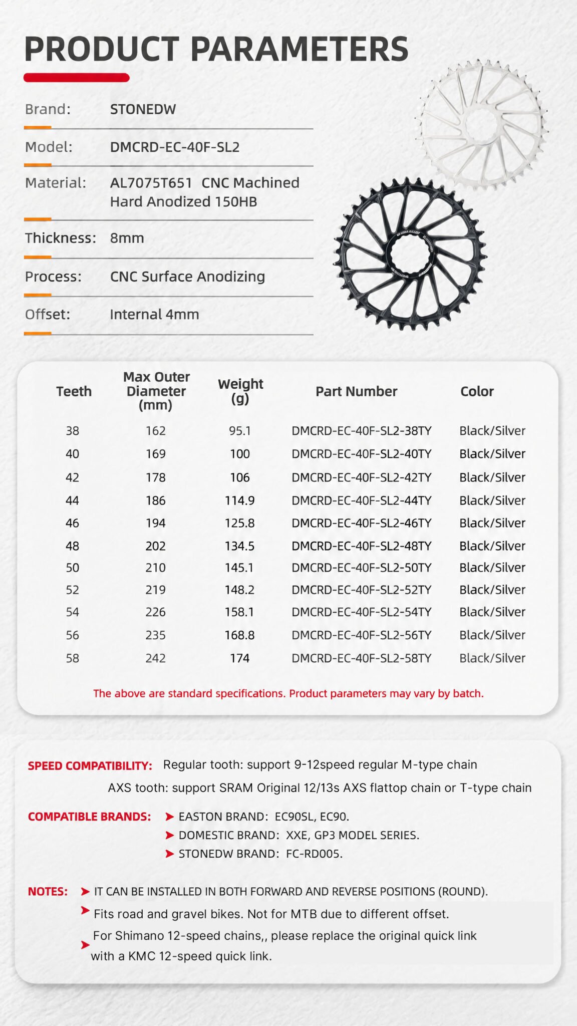 STONE Round Direct Mount Chainring 4mm Offset for Easton EC90 EC90SL CINCH Crankset Road Gravel Folding Bike 9 10 11 12 Speed 38T 40T 42T 46T 48T 50T 52T 54T 56T 58T